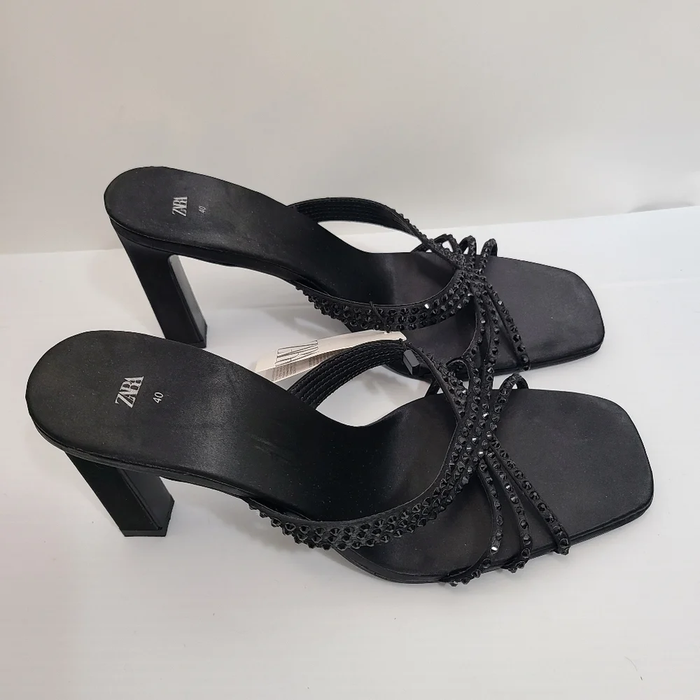 ZARA SATIN EFFECT RHINESTONE HEELED SANDALS BLACK SIZE 9 | 1815/110/800